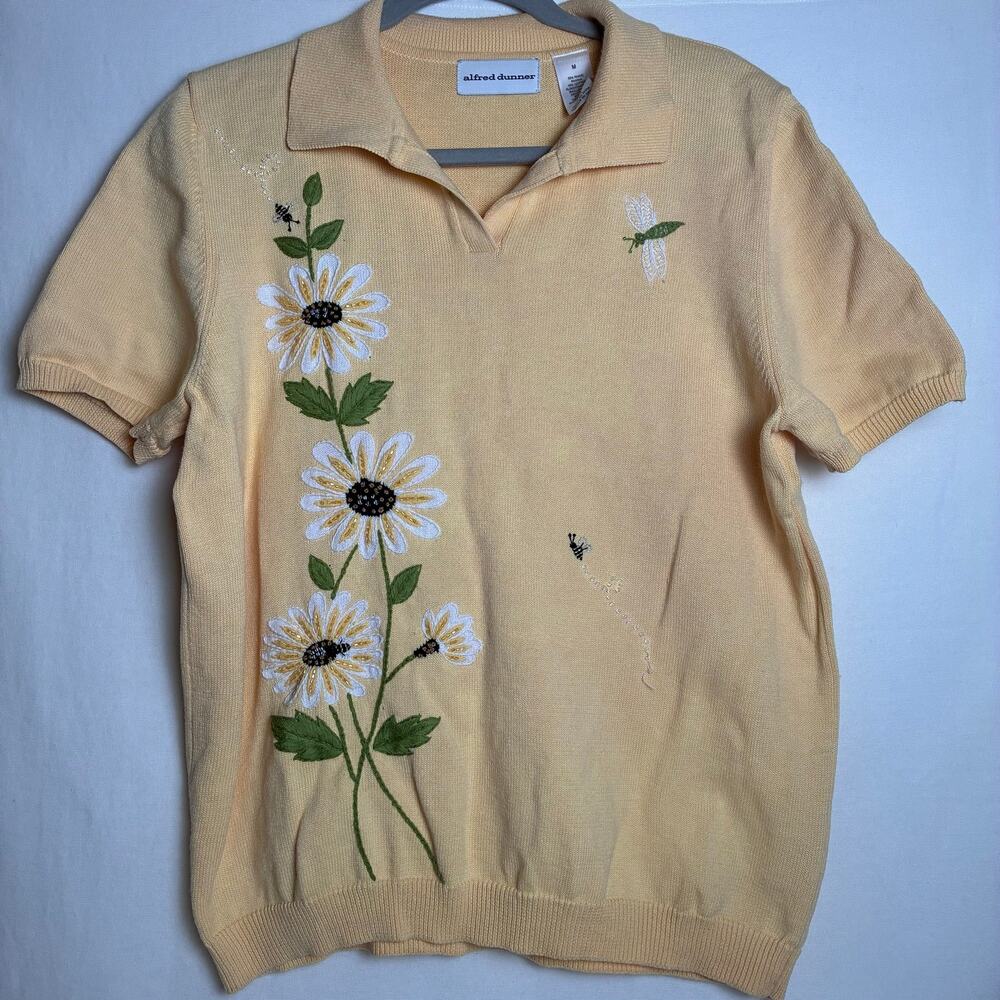 Vintage Alfred Dunner Yellow Knit Polo Sweater Medium Embroidered Daisies Bees M